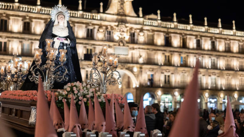 SALAMANCA, SPAIN - APRIL 13, 2022: Brotherhood of Flagellated Jesus carrying paso with statue of Our Lady of Tears during spectacular procession in Wednesday during Holy Week leading up to Easte