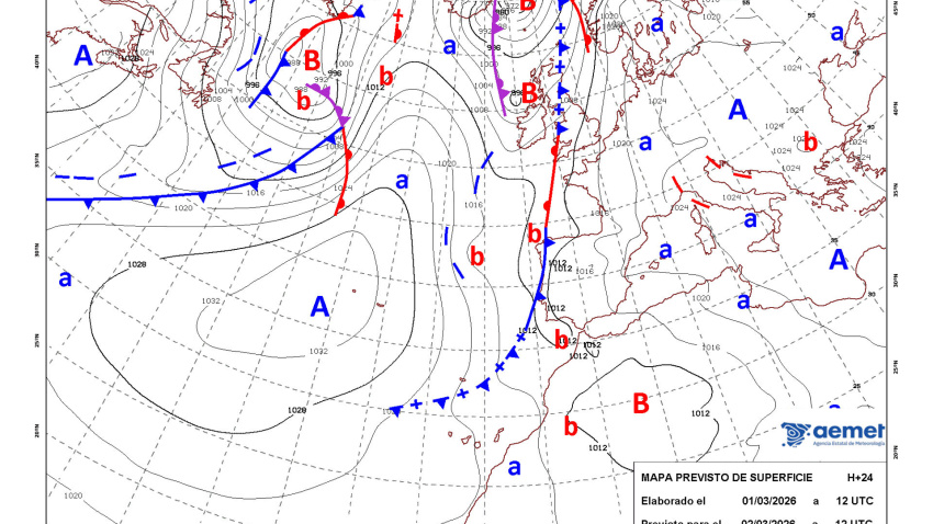 Mapa de isobaras facilitado por la Aemet previsto para el 02/03/2026