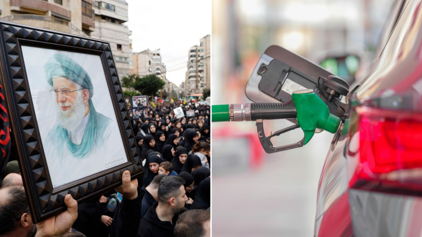 Foto de manifestación en Irán y al lado una gasolinera