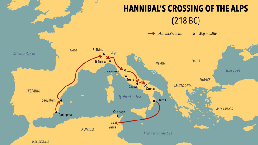 Mapa moderno con la ruta del cruce de los Alpes de Aníbal