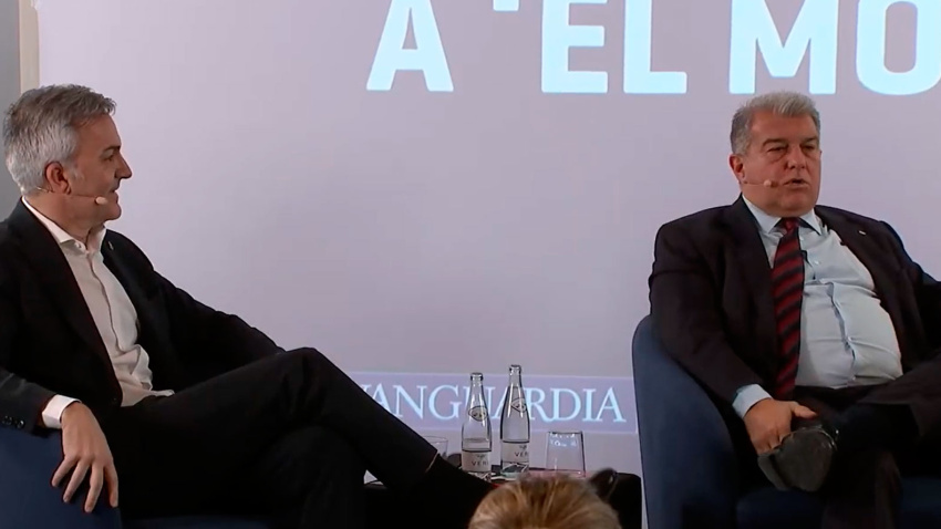 Momento del debate entre Laporta y Víctor Font, organizado por el Grupo Godó