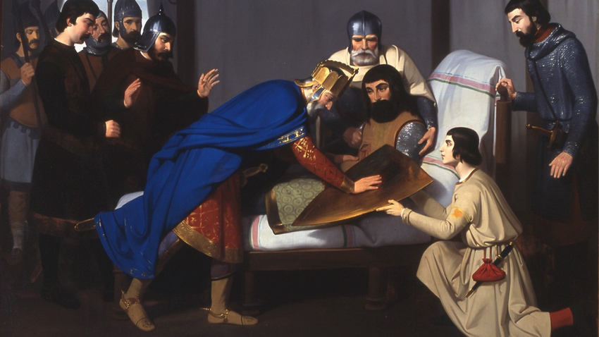 La leyenda cuenta que, tras una batalla, el rey franco Luis el Piadoso mojó sus dedos en la sangre del herido conde de Barcelona, Guifré el Pilós, y los deslizó sobre su escudo dorado, creando así las cuatro barras.