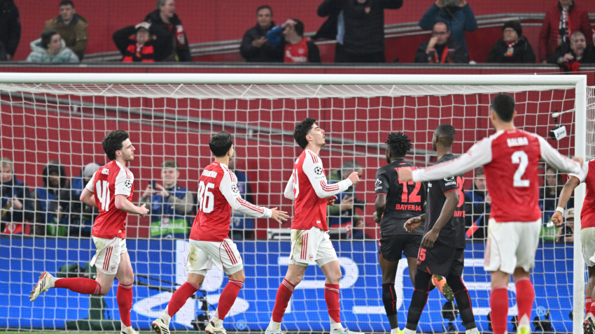 Kai Havertz celebra aliviado el empate del Arsenal contra el Leverkusen