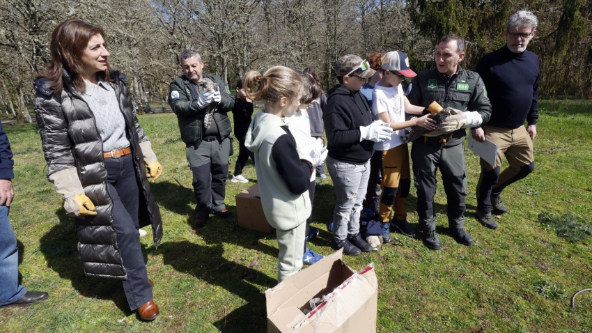 Una treintena de alumnos de quinto de Primaria acompañó a la conselleira en la suelta de las dos aves rapaces