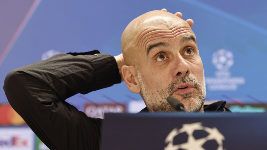 Pep Guardiola, durante la rueda de prensa ofrecida en el Santiago Bernabéu.