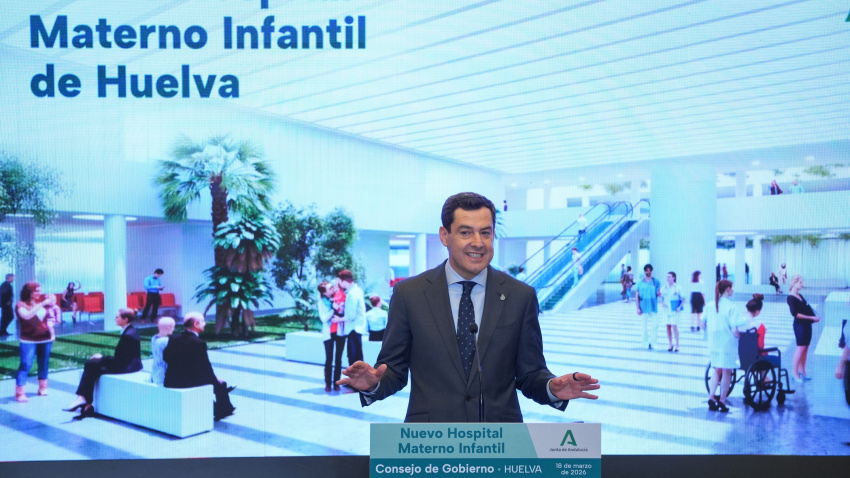 El presidente de la Junta de Andalucía, Juanma Moreno, interviene en el acto oficial de colocación de la primera piedra del Hospital Materno Infantil del Juan Ramón Jiménez de Huelva. A 18 de marzo de 2026 en Huelva (Andalucía, España). El nuevo edificio del Materno Infantil se integrará de manera natural a las instalaciones del Hospital Universitario Juan Ramón Jiménez, para su construcción en un plazo previsto de 36 meses, el Gobierno andaluz ha liberado un presupuesto de 85 millones de euros. En su diseño el nuevo complejo hospitalario dispondrá de 125 camas distribuidas entre las áreas de Pediatría, Obstetricia, Ginecología, Salud Mental, UCI y Cuidados Intermedios y contará con una dotación de un Área de Neonatos, Bloque Quirúrgico, Bloque Obstétrico y Urgencias de Pediatría y Obstetricia.María José López / Europa Press18/3/2026