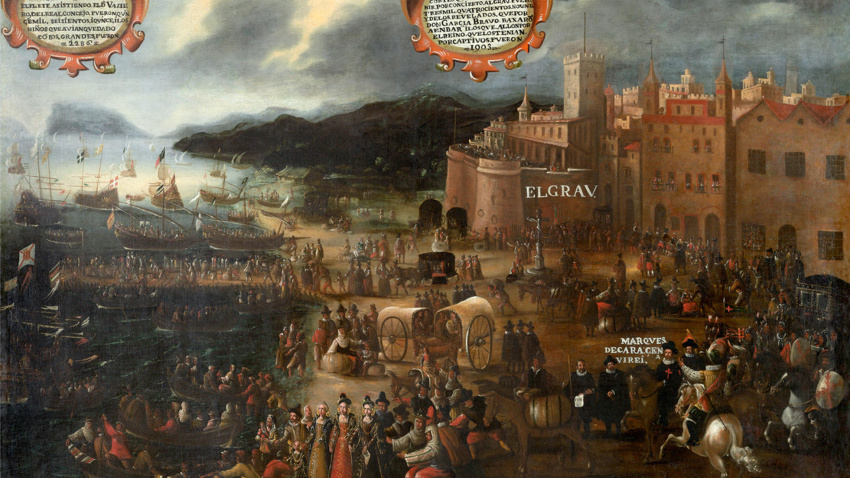 'Embarco moriscos en el Grao de Valencia' representa la expulsión de los moriscos de España a principios del siglo XVII. La obra de arte captura el momento histórico de la expulsión forzosa de los moriscos de los territorios españoles.