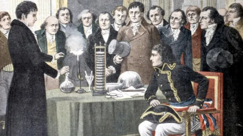 Una de las muchas ilustraciones de la reunión de Volta en París ante Napoleón