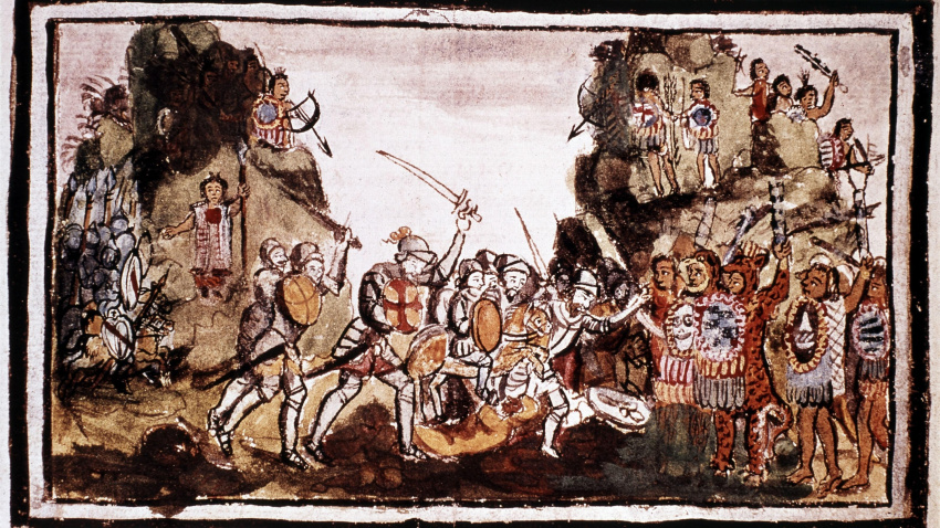 Hernán Cortés (1485-1547), conquistador español, atacando a los nativos de México. Fotografía tomada en 1500. Fecha exacta desconocida.