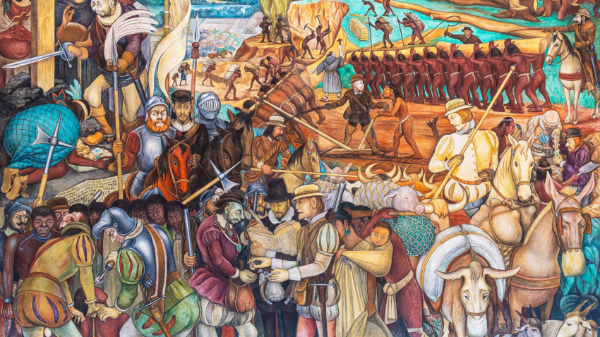 Llegada de Hernán Cortés a Veracruz, mural de Diego Rivera, Palacio Presidencial, Ciudad de México, México