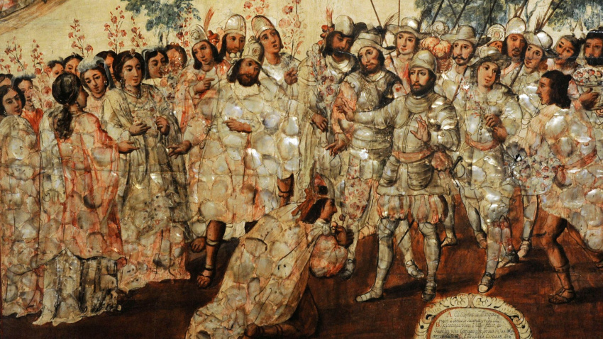 La Conquista de México. Autor anónimo. Tabla, óleo, nácar. Entrada de Hernán Cortés en México y recepción de Moctezuma.