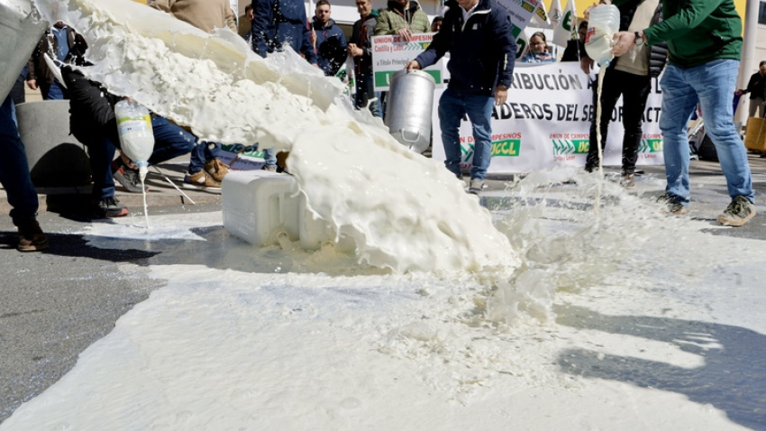 Ganaderos derramando leche a las puertas de un supermercado