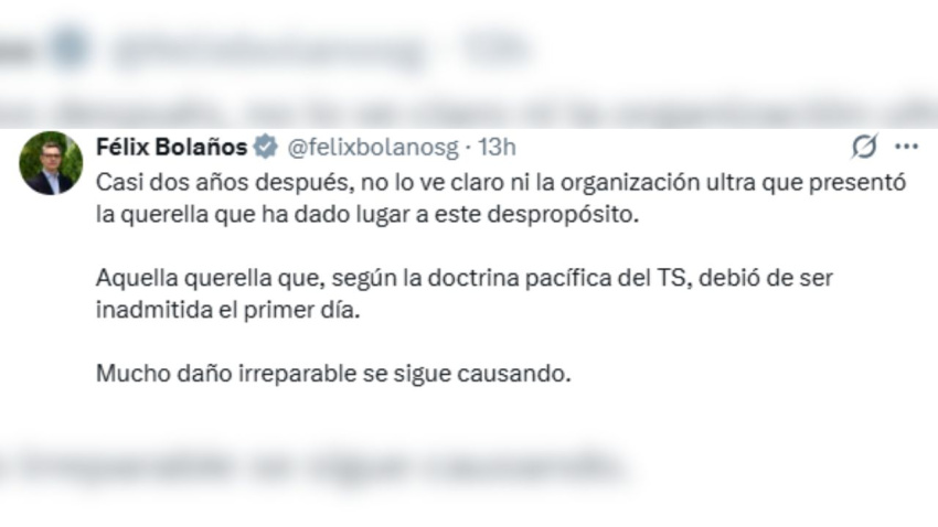 Pantallazo del post del ministro de Presidencia, Justicia y Relaciones con las Cortes en X