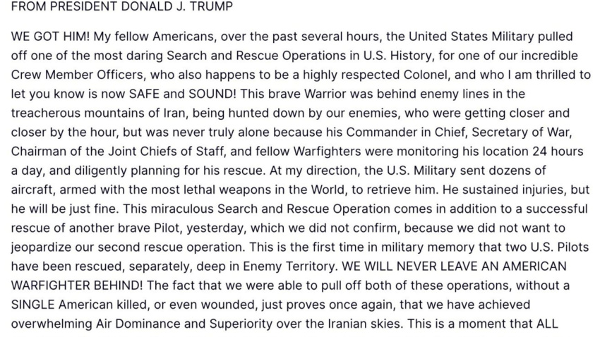 Mensaje de Trump afirmando que el Ejército de EE. UU. rescató con vida al piloto del avión derribado en Irán