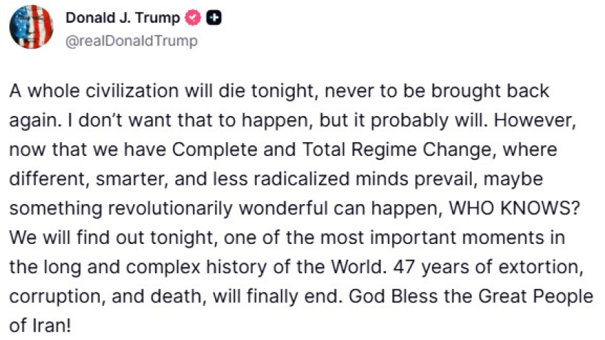 La amenaza de Donald Trump a Irán, en su red social Truth: "Una civilización entera morirá esta noche"