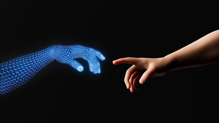 Renderizado 3D de una mano digital de alambre luminoso que se acerca a una mano humana sobre un fondo negro, en el concepto de gemelos digitales.