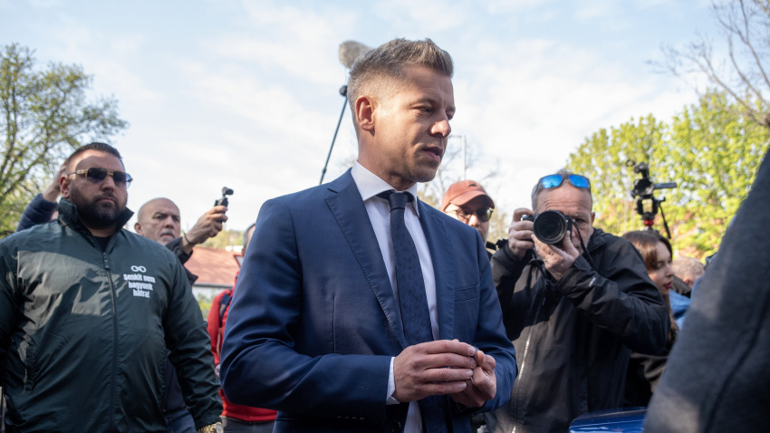 The President of the Tisza Party, Peter Magyar walks back to his vehicle after the press conference in Budapest. The President of the Tisza Party, Peter Magyar - the biggest opposition of Viktor Orban and the Fidesz - arrived to one of the polling station (Hegyvideki Mesevar Ovoda) to vote and then he held a press conference to the Hungarian and the international media in Budapest.