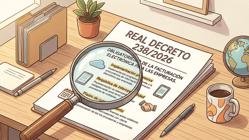 Lupa analizando puntos clave del Real Decreto 238-2026 sobre facturación electrónica en España