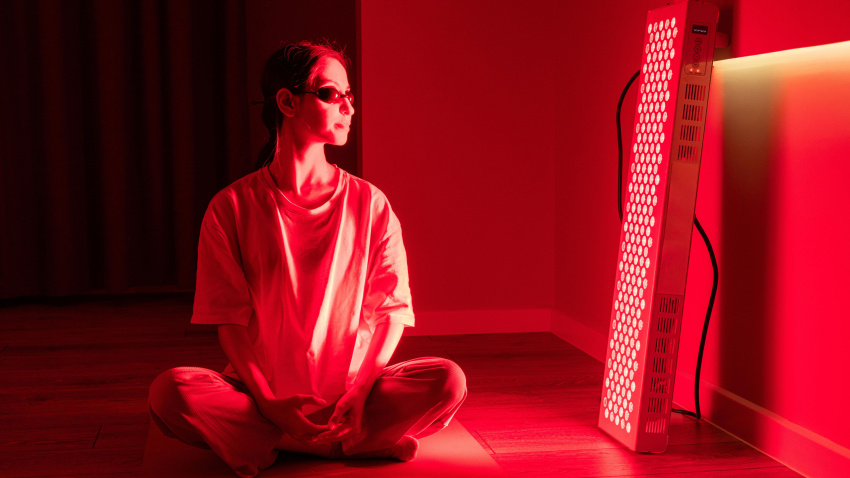 Una joven en el interior de una habitación oscura utilizando un dispositivo de terapia de luz roja.