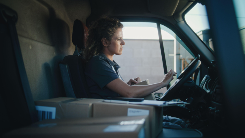 Conductora de camión de reparto en coche usando una tableta, rellenando papeles, entregando cajas de cartón con pedidos online, compras y productos de comercio electrónico. Mujer trabajando en un servicio de entrega urgente.