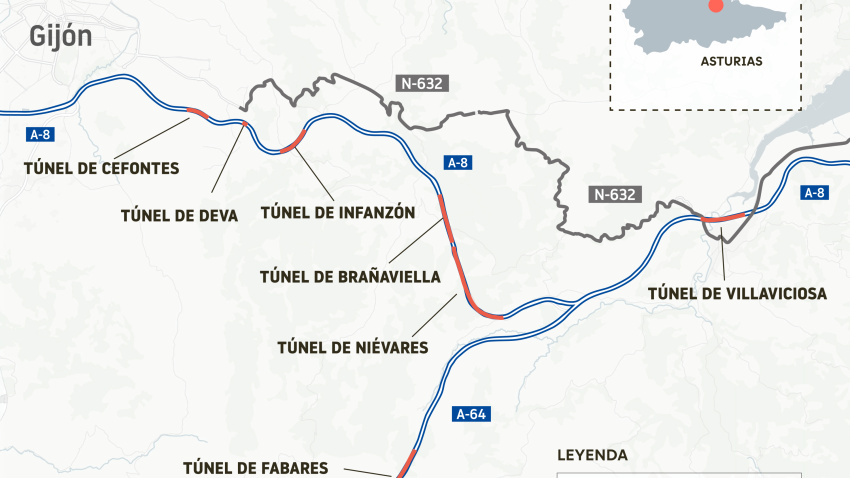 Túneles afectados por las obras en la A-64 y A-8