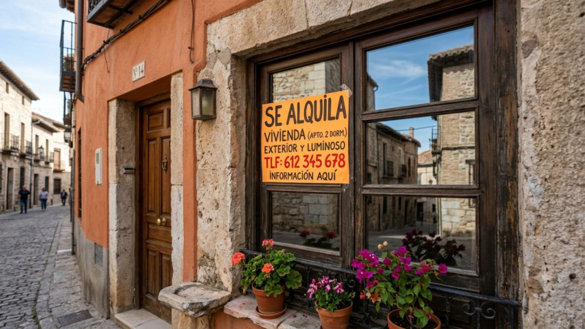Un cartel de se alquila en una ventana de una vivienda