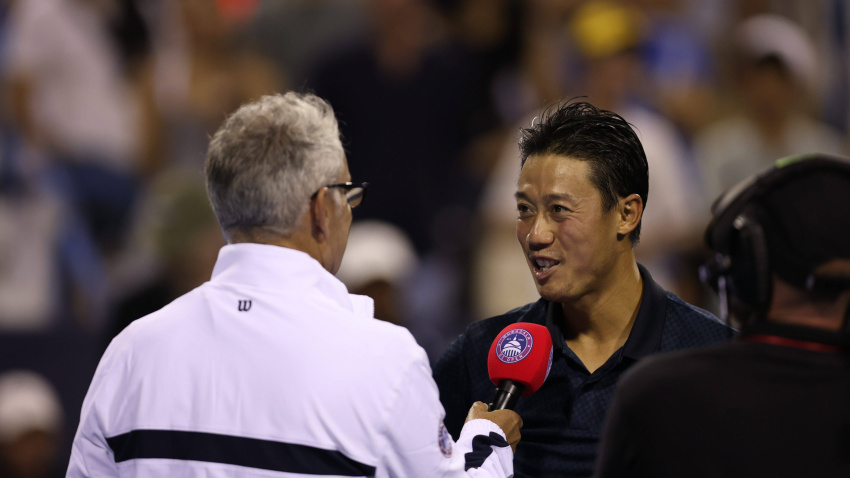 Kei Nishikori hablando tras caer derrotado ante Rafa Jodar en los octavos de final del torneo de Washington