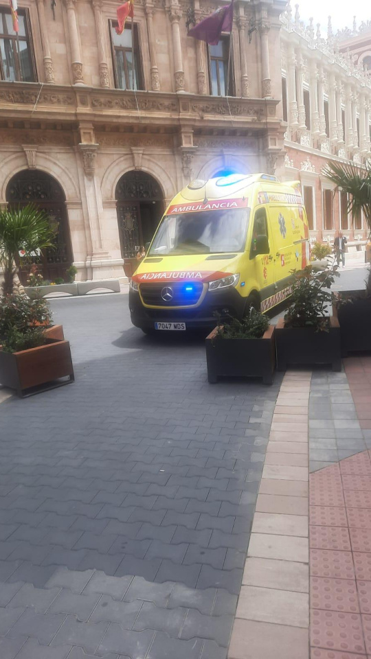 Ambulancia parada frente a las jardineras que separan la calle peatonal