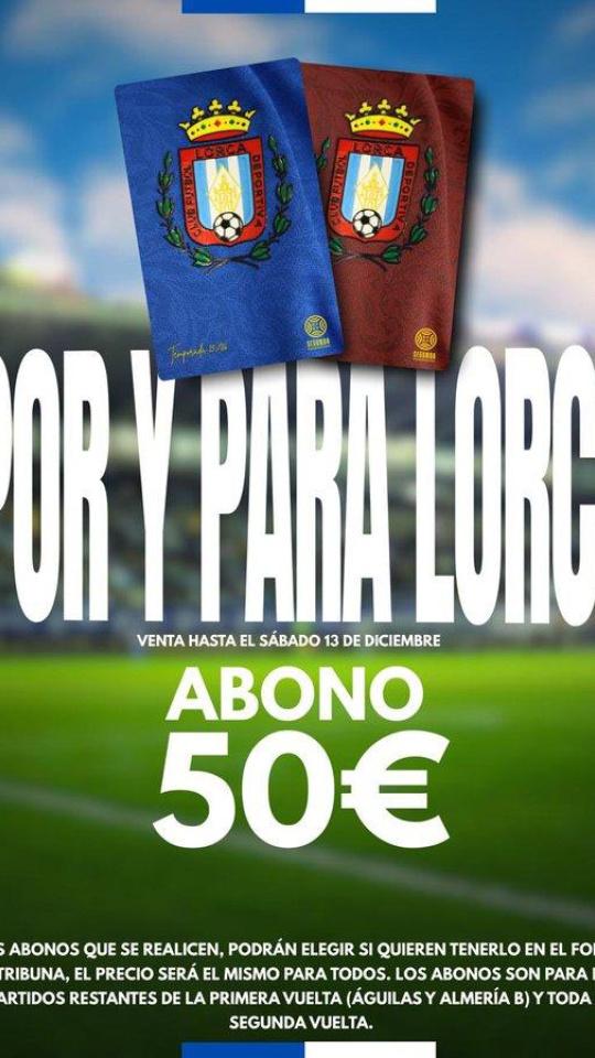 El CF Lorca Deportiva lanza una oferta de abonados de media temporada por 50 euros. Incluye el partido ante el Águilas FC y el de la UD Almería B