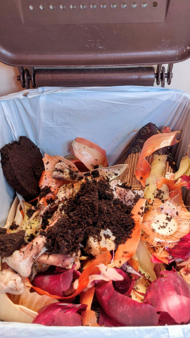 Basura orgánica en el cubo marrón de la cocina de una casa