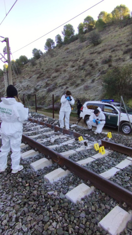 Agentes de la Guardia Civil inspeccionan la vía del tren donde descarrilaron dos trenes de alta velocidad en Adamuz