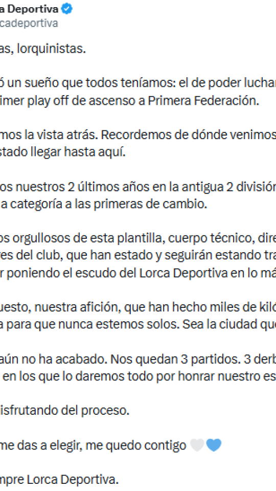 Mensaje del CF Lorca Deportiva en Redes Sociales