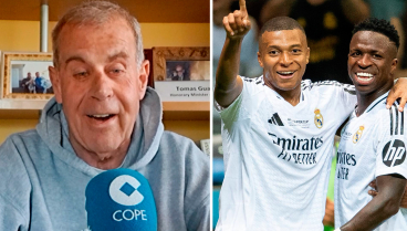 Tomás Guasch, a la izquierda; Mbappé y Vinicius celebran un gol con el Real Madrid, a la derecha