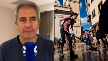 Manolo Lama y una imagen de voluntarios trabajando en Chiva, Valencia