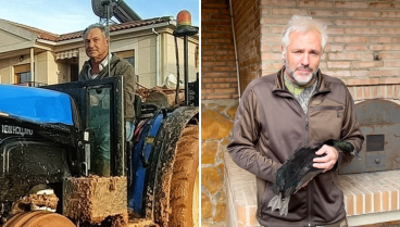 Un señor con su tractor colaborando en la limpieza de calles en Utiel y Santi Cañizares