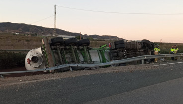 Imagen del camión volcado en la cuneta de la A-7