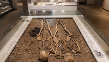 Inglaterra, Dorset, Dorchester, Museo de Dorset, Exposición de esqueletos del Castillo de Maiden que datan de la Edad del Hierro