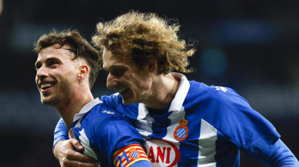 Puado celebra el 1-0 del Espanyol contra el Valladolid.