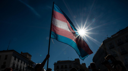 2C5PW51 Madrid, Spain. 04th July, 2020. Demonstrator waning the Trans flag attends a protest where Trans community demand a state law that will guarantee gender self-determination. The protest coincides with the Pride celebrations that are taking place this week. Credit: Marcos del Mazo/Alamy Live News