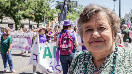 2JAB7AM Madrid, Spain. 28th May, 2022. Maria Cristina Almeida Castro poses during the demonstration. State demonstration organised by the State Platform of Women's Organizations for the Abolition of Prostitution (PAP) in Madrid and the activation of the Organic Law Abolitionist of the Prostitution System (LOASP). Credit: SOPA Images Limited/Alamy Live News