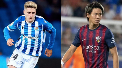 Robert Navarro (Real Sociedad) y Kento Hashimoto (Huesca)