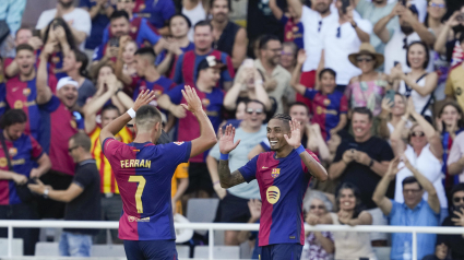 Ferrán celebra su tanto en el Barcelona, 7 - Valladolid, 0.