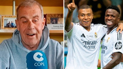 Tomás Guasch, a la izquierda; Mbappé y Vinicius celebran un gol con el Real Madrid, a la derecha