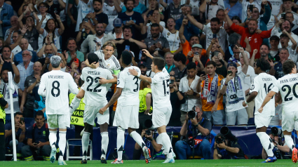 El Real Madrid celebra el gol de Rudiger al Stuttgar en la Liga de Campeones