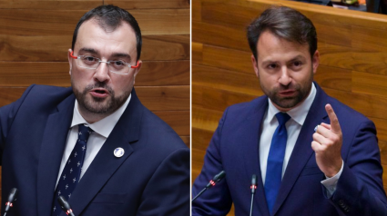 El presidente del Principado, Adrián Barbón, y el presidente del PP, de Asturias, Álvaro Queipo, en el parlamento asturiano