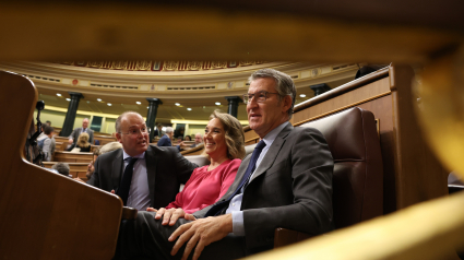 El portavoz del PP en el Congreso, Miguel Tellado; la secretaria del PP, Cuca Gamarra y el presidente del PP, Alberto Núñez Feijóo