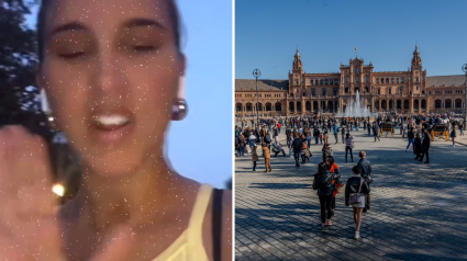 La protagonista de la historia y una instantánea de la Plaza de España desde el Parque de Maria Luisa