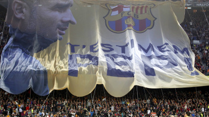 Pancarta a Guardiola en el Camp Nou cuando era entrenador del Barça.