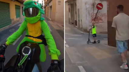 La motorista y el niño por la calle de Almería