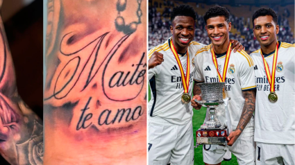 El tatuaje de Vinicius Tobias y el propio Vinicius Tobias junto a Vini Jr y Rodrygo